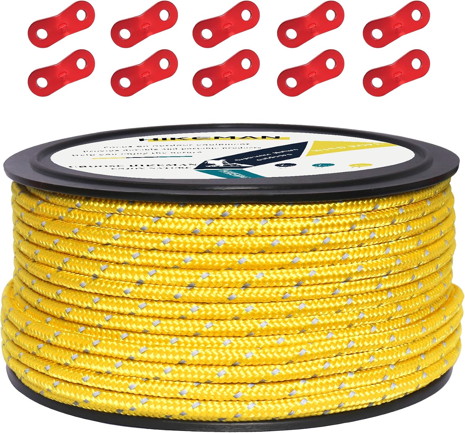 HIKEMAN 50m Reflective Guyline Solid Braid Nylon Camping Rope with Aluminum Adjuster Cord Tensioner Tent Accessory for Outdoor Travel,Hiking,Backpacking and Water Activities Yellow, 5mm
