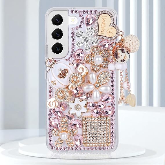 Guppy for Galaxy A56 Bling Case, 3D Bling Shiny Rhinestone Diamond Crystal Pearl Handmade Pendant Iron Tower Pumpkin Car Flowers Soft Protective Anti-Fall Case for Galaxy A56(Pink)