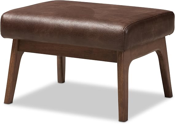 Baxton Studio Birk Mid-Century Modern Walnut Wood Dark Brown Distressed Faux Leather Ottoman