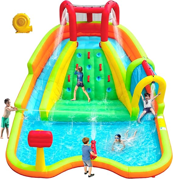 WELLFUNTIME Inflatable Water Double Slides Park, Bounce House with Arched Water Gun Spray, Jumping Castle with Air Blower
