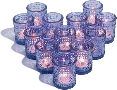 Ajuny Blue Votive Candle Holders – Flower Glass Tealight Holders Bulk for Wedding Table Centerpieces, Party Decor, Festivals & Home Accents - Set of 12