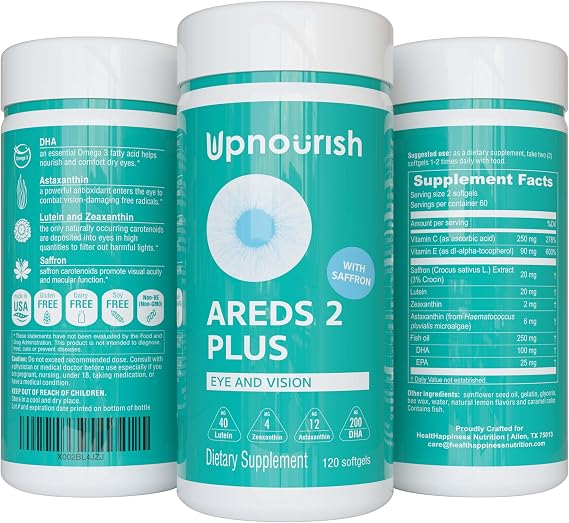 UpNourish AREDS 2 Plus Eye Vitamin Supplement, AREDS 2 Zinc Free Formula with Lutein, Zeaxanthin, Saffron, Astaxanthin & DHA - 120 softgels