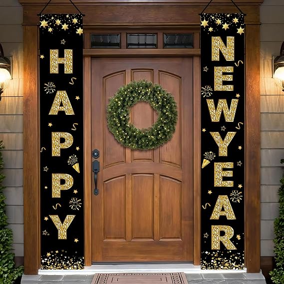 2026 Happy New Year Decorations Banner New Years Eve Party Supplies, Elegant Holiday New Year Accessories Indoor Outdoor, 71 x 12 Black & Gold