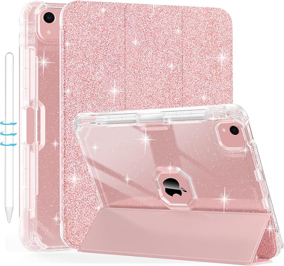 iPad Air 11 Inch Case 2024, iPad Air 5th/4th Gen Case 2022/2020 10.9 Inch with Pencil Holder, Auto Wake/Sleep, Sparkly Glitter Trifold Stand Leather Cover with Shiny Clear TPU Back, Rose Gold