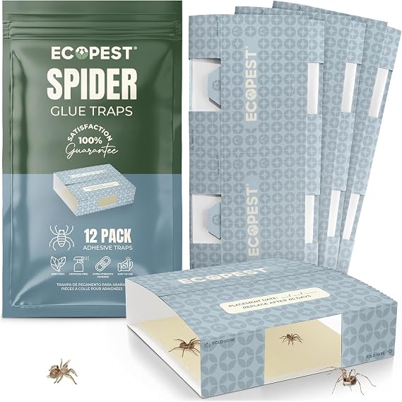 Spider Trap 12 Pack | Sticky Indoor Glue Traps for Spiders and Other Bugs and Crawling Insects | Adhesive Spider Bait Trap, Monitor, Killer and Detector for Pest Control