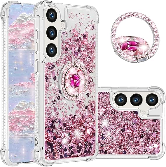 Glitter Clear Case for Samsung Galaxy S25+ Plus/ S24 Plus with Diamond Ring Stand, Bling Sparkle Flowing Liquid Quicksand Soft TPU Shockproof Cover for Galaxy S25 Plus/ S24 Plus LSZ Rose Gold
