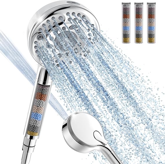SunCleanse Filtered Shower Head with Handheld,9-Spray Setting High Pressure Detachable Shower Head with 4 Filters for Hard Water - Filter Chlorine, Improve Skin and Hair Texture(4 Filters, Chrome)