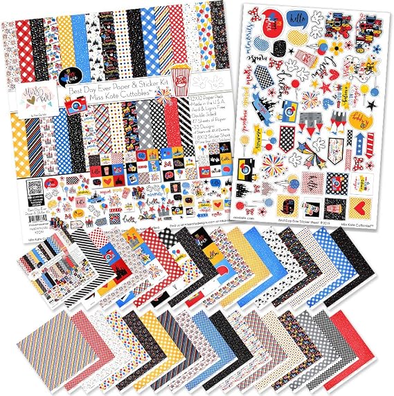 Miss Kate Cuttables Paper & Sticker Kit - Best Day Ever for Disney - 17 Double-Sided 12x12 Papers with 33 Designs & 1 8X12 Sticker Sheet - Scrapbooking Card Making Crafting