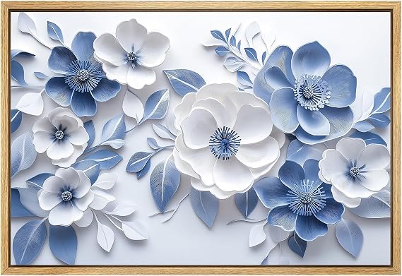 Blue and White Artwork Abstract Botanical Prints Modern Floral Painting 3D Flower Artwork Abstract Floral Poster Teal Blue Painting Blooming Flower Wall Art White Plant Poster Bedroom 16x24in No Frame