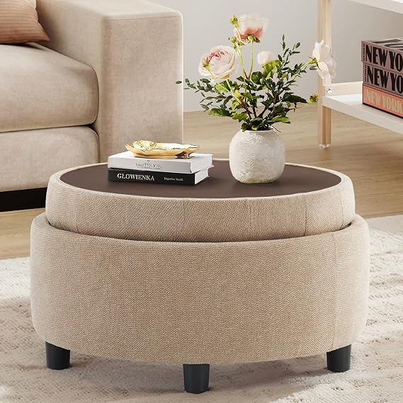 COLAMY Fabric Round Storage Ottoman with Reversible Tray Lid Multi-Functional Footrest, Hidden Storage, Sturdy & Stylish Small Coffee Table for Living Room, Bedroom, or Entryway(Camel)