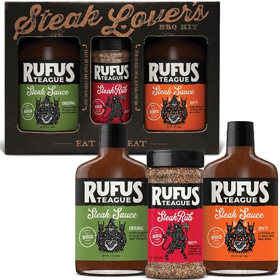 Rufus Teague Steak Lovers Kit, BBQ Gift, 2 Premium Steak Sauces & 1 Dry Rub | BBQ Gift Set with Original & Spicy Sauces, Gluten-Free, Cooking Gift Made in USA, Flavor for Any Dish, Great Flavor
