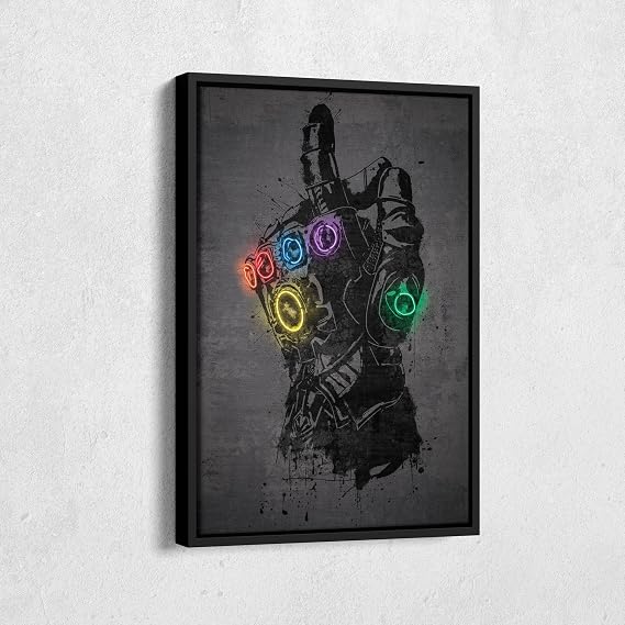 Infinity Gauntlet Poster Neon Marvel Comics Canvas Wall Art Home Decor Framed Poster Man Cave Gift(Black Floating Frame, 20"x30")