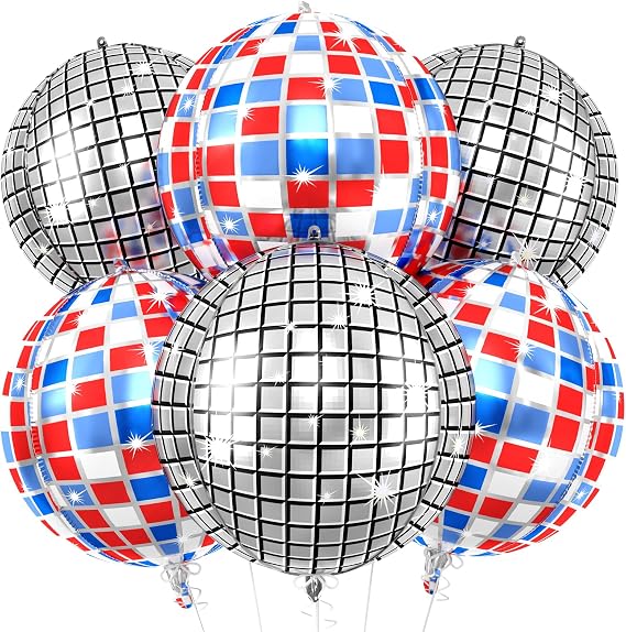 6pcs 22 Inch Colorful Disco Ball Balloons, Silver Big Disco Balloons, Blue Red Silver 4d Large Foil Balloon For Birthday Baby Shower Independence Day 70s 80s 90s Theme Party Wedding Engagement