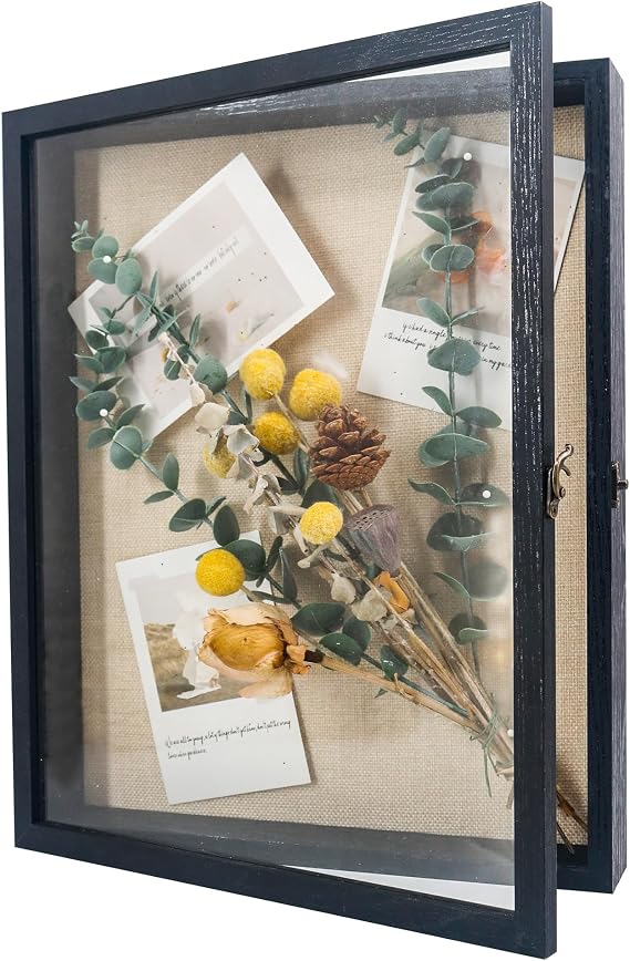 GraduationMall 13x16 Wood Shadow Box Frame Glass Door Display Case with Linen Back and 6 Stick Pins,1.5 inches Interior Depth,Ideal for Memorabilia Pictures Flowers Medals Tickets Rustic Black
