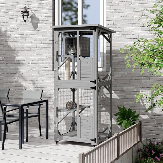 Outdoor Catio Cat Enclosure with Waterproof Roof,Platforms,Upgraded Resting Box, 70.4cat Houses & Condos on Wheels for Outdoor Patio,Cat Window Box,Scratching Post(Grey0)