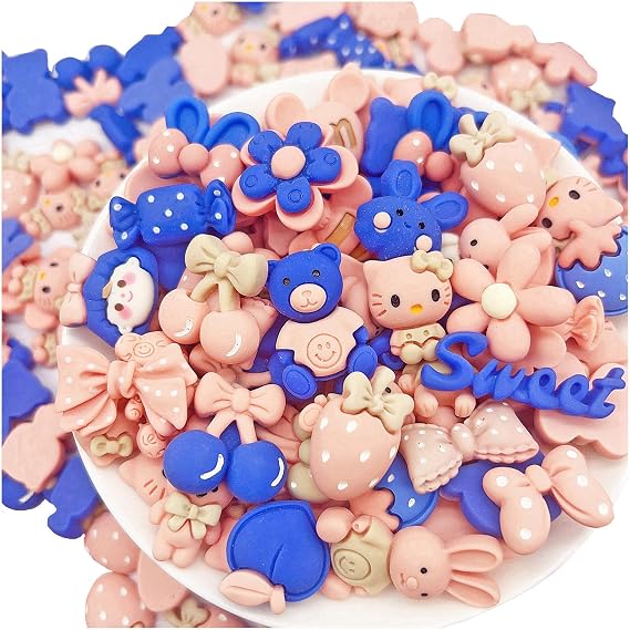 50 Pcs Flatback Cute Resin Slime Charms Bulk for Crafts, Flat Back Mixed Charms for Slime, Slime Charm Bulk for DIY Art Craft Making Kit (Blue Pink)
