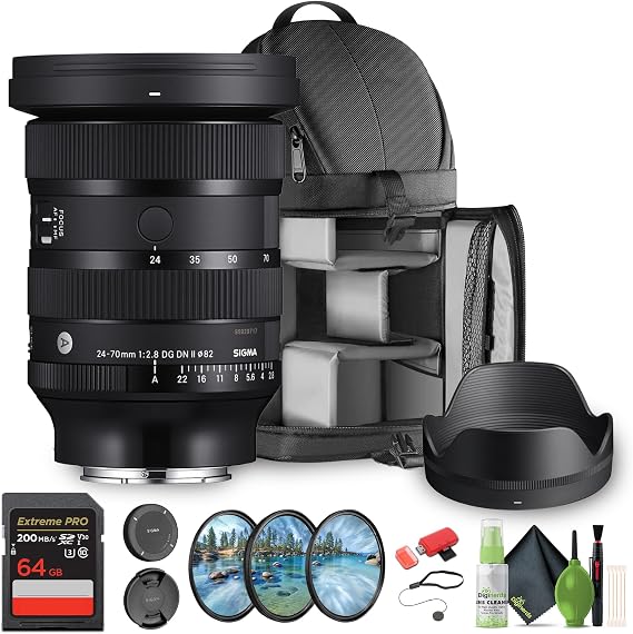 Sigma 24-70mm f/2.8 DG DN II Art Sony E Bundle (57A965) Bundle.The Ideal Lens for Professional Portraits, Weddings Indoor/Outdoor Adventure, Wildlife, Travel, Sarfari, Photography use + Accessories