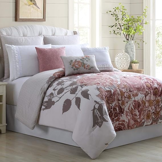 Modern Threads Rose Farmhouse 8-Piece Embellished All Season Down Alternative Comforter Set Bedding with Matching Shams, Decorative Pillows King/California King