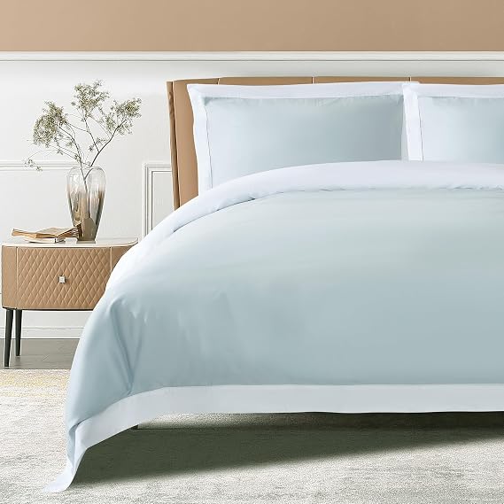 THE COTTON & SILK 100% Luxury Long-Staple Cotton Duvet Cover Set - Soft & Breathable - Include 1 Duvet Cover Corner Ties & Hidden Zipper, 2 Pillow Shams - Misty Blue  White, KingCalifornia King