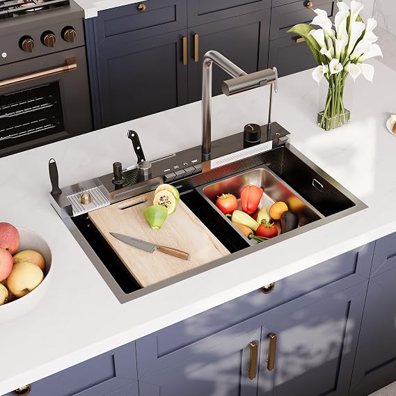 DeerValley Smart Waterfall Kitchen Sink 30 Inch Single Bowl | Kitchen Sinks with LED Display, Pull-Down Faucet, Soap Dispenser, Glass Rinser, Modern for Farmhouse, RV, Bar