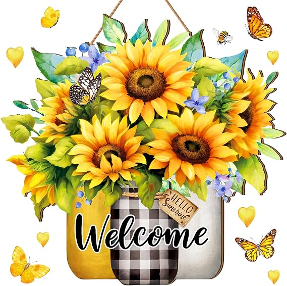 Silipull Spring Sunflower Welcome Door Hanger 12" Large Wooden Flower Sign