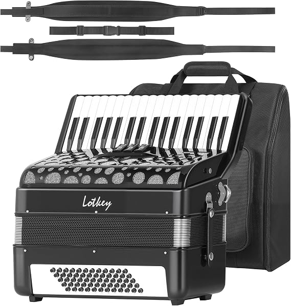 LOTKEY 34 Key Piano Accordion,60 Bass Variable Tone Portable Accordion Instrument, Handmade Premium Reed Adult Accordions with Gig Bag, Padded Shoulder Strap for Beginners, Professionals (Black)