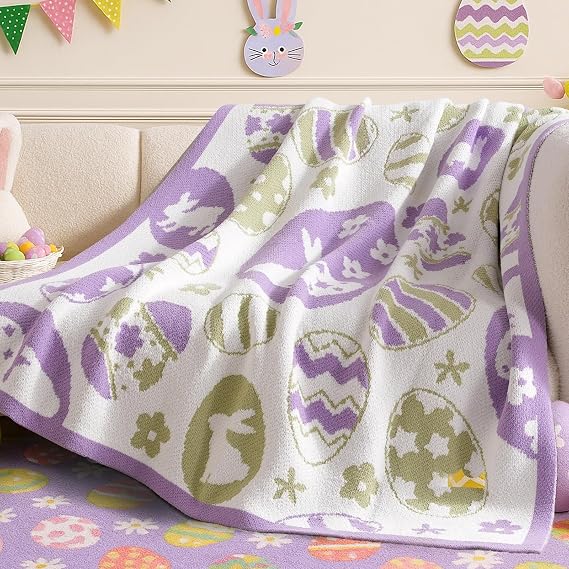Amelie Home Animal Chenille Throw Blanket for Couch, Bunny and Eggs Knit Throws, Cozy Soft Summer Party Themed Blankets for Sofa, Bed, Gift & Decor, 50"x60", Purple/Green
