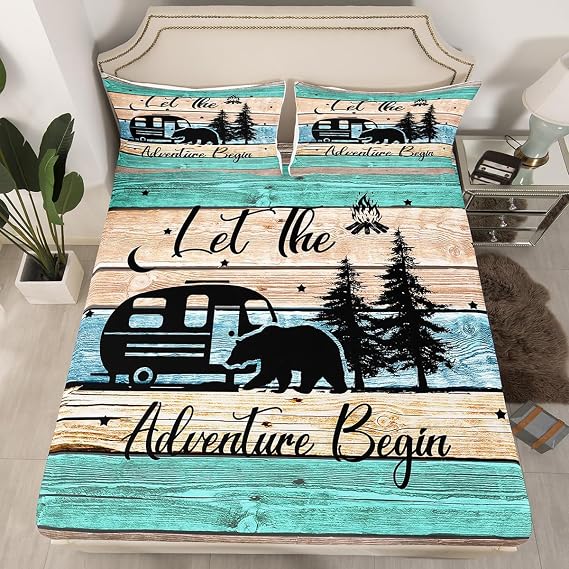 Camper Bedding 2 Pieces, Rustic Farmhouse Style Fitted Sheet Happy Camping Bedding Set for Teens Adult Camping Fitted Bed Sheets,Black Sketch Drawing Bear Decor Bedding, Twin Size