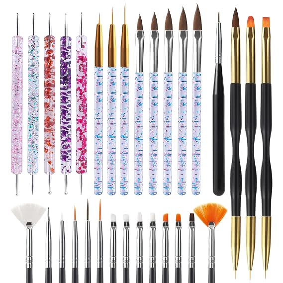 31pcs Nail Art Brushes Tools Set Dotting Tools for Gel Polish | Dust Brush,Striping Brushes for Long Lines, Drawing Pen Design supply