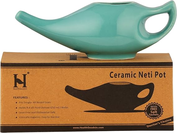 HealthGoodsIn Ceramic Neti Pot for Sinus, Premium Grade, Dishwasher Safe, Holds 225 Ml. Water - Turquoise Color