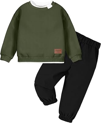 CRISONE Toddler Boys Clothes Solid Color Ribbed Long Sleeve Sweatshirt and Pants 2 Piece Fall Winter Outfits Set 2-7T
