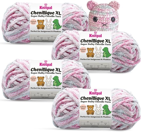 Chenillique XL Plush Velvet Chenille Yarn #6 Super Bulky 4-Pack (352 Yards / 400 g) Variegated Yarn for Plushies, Blankets, Amigurumi & Accessories - Dusky Rose