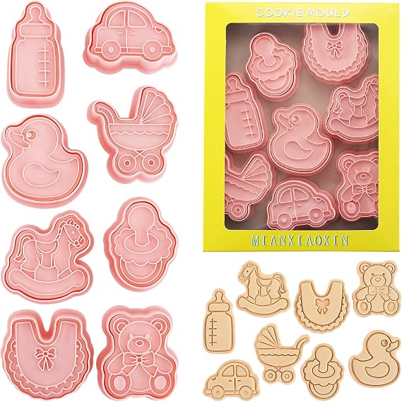 8 Pcs Baby Shower Cookie Cutters Plastic 3D Cookie Stamps for Kids Baking DIY Pastry Cake Decoration(Baby A,8)