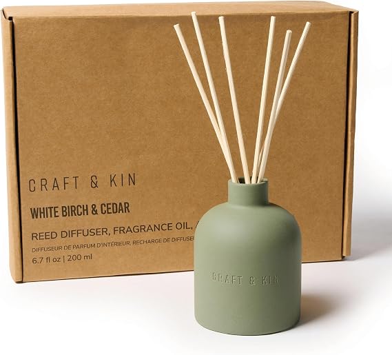 Craft & Kin White Birch & Cedar Reed Diffuser Earthenware Collection, 6.7 oz Alcohol-Free Essential Oil Diffuser for Home & Bathroom Long-Lasting Fragrance Sticks Ceramic Room Decor