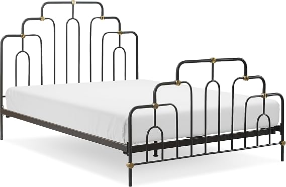Elle Decor Astrid Modern Bed with Metal Headboard and Footboard, Requires No Box Spring, Deco Vintage Industrial Bedroom Furniture, Brass Details, Queen Size