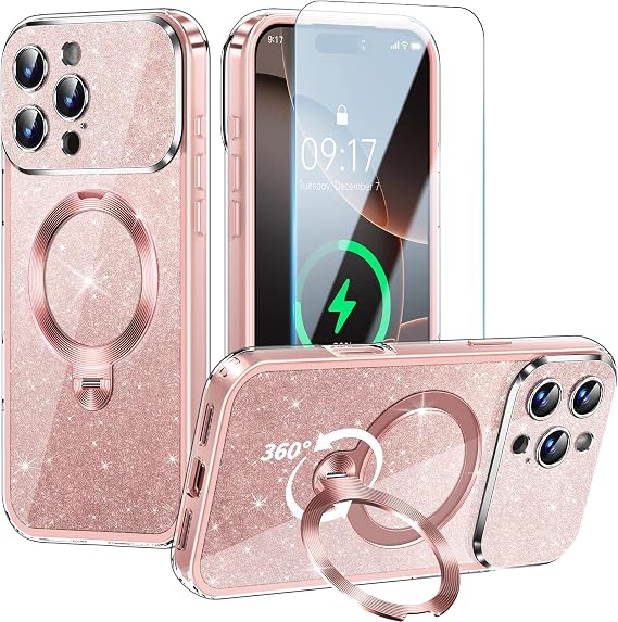 for iPhone 16 Pro Max Case with 360 Spin CD Stand & Screen Protector,