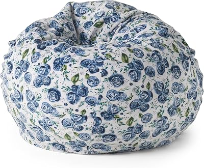 Enhance Comfort with 3 Foot Rounded Bean Bag, Soft Foam Fill and Removable Cover, Blue Rose Print