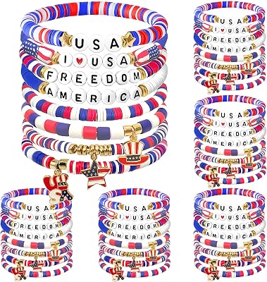Tewloss 48 Pcs USA Bracelets 4th of July Accessories, Beaded Bracelets Set for Women, Surfer Heishi Red White and Blue Bracelets for Independence Day Summer Beach