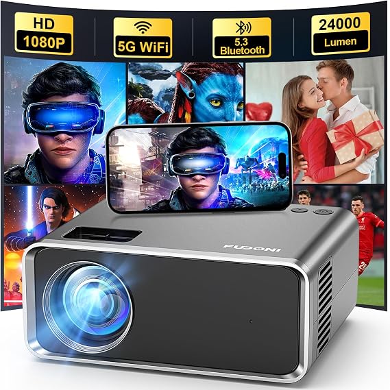 FUDONI WiFi Bluetooth Projector, Built-in Speaker, Native 1080P Projector