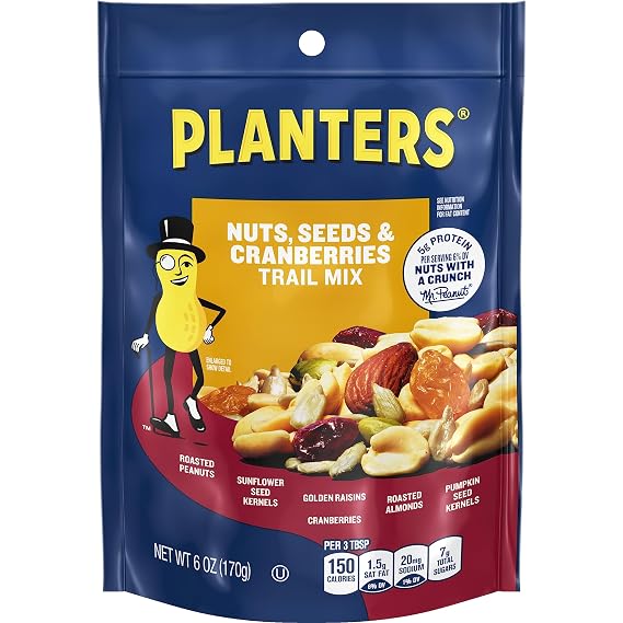 Planters Nuts (Seeds & Cranberries Trail Mix with Roasted Peanuts & Almonds, Sunflower Kernels, Golden Raisins, Cranberries & Pumpkin Kernels, 6 oz Bag)