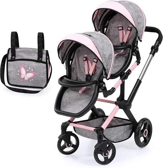 Bayer Twin Doll Stroller, Double Baby Stroller - Butterfly Grey & Pink