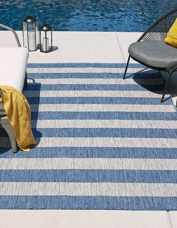 Unique Loom Outdoor Striped Collection Area Rug - Distressed Stripe (5' 1" x 7' 1" Rectangle Blue/Ivory)
