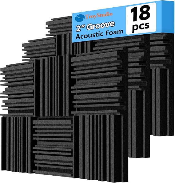 TroyStudio Thick Acoustic Foam Panels, 12 X 12 X 2 Inch 18 Pcs Broadband Sound Absorbing Foam, Dense Soundproof Padding Tile, Recording Studio Foam Absorber, Groove Decorative 3D Wall Ceiling Panel
