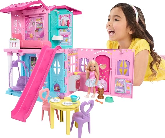 Barbie Chelsea Toy Dollhouse and House Accessories | Small Doll, 2 Pets & 15 Accessories, Pop-Up House Expands, Ages 3+