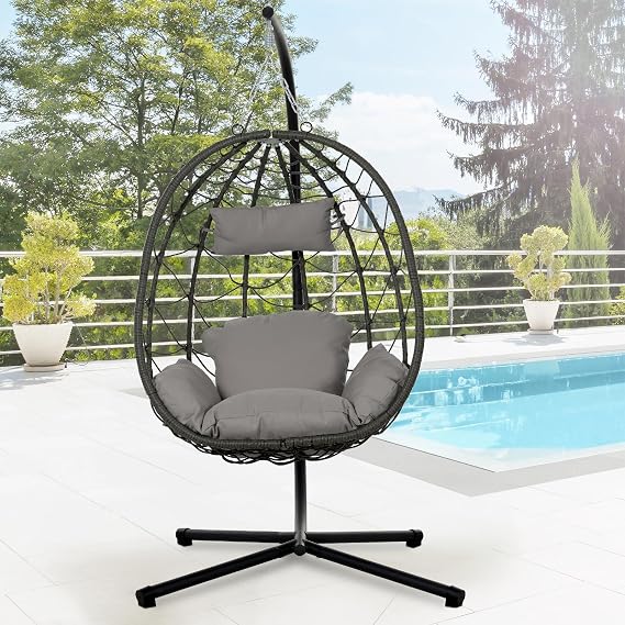 Hanging Egg Chair with Stand Indoor Outdoor,Wicker Patio Basket Hanging Chair with Stand,Swing Hammock Egg Chair with Waterproof Cushion&Headrest for Bedroom,Balcony,Porch,Garden(Single,Dark Grey)