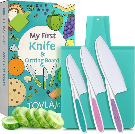TOVLA JR. Premium Montessori Kid-Safe Knife & Cutting Board Set Real Kitchen Tools for Toddlers & Young Kids Learning to Cook, Safe & Easy for Begin...