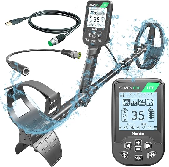 Nokta Simplex Lite Metal Detector with 9.5" Waterproof DD Search Coil, Vibration Detection for Underwater, Beach, All Metal Detection Modes