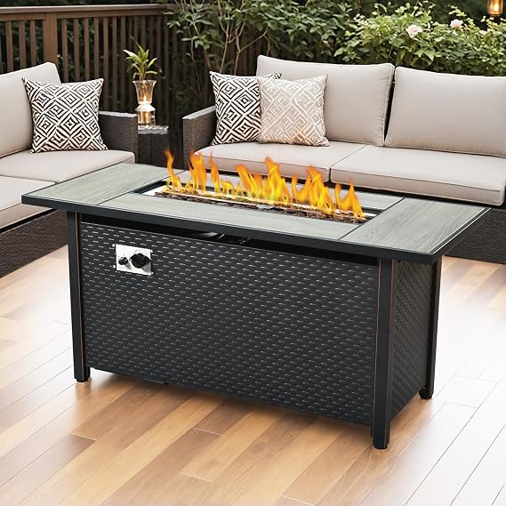 OVIOS 54" Outdoor Propane Fire Pit Table, 50,000 BTU Rectangular Steel Firepits with Ceramic Tabletop, Waterproof Cover, Lid, Lava Rock for Patio Deck Garden, Black