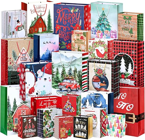 Xylitic 24 Pack Christmas Gift Bags Assorted Sizes, Christmas Paper Bags with Handles, Bulk Holiday Gift Bags for Wrapping, Xmas Party Favors Presents(6 Jumbo,6 Large,6 Medium,6 Small)