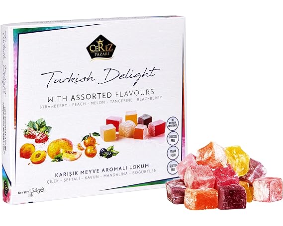 Cerez Pazari Turkish Delight Candy With Assorted Flavors 16 oz, Gourmet Snacks Gift Box, No Nuts Sweet Traditional Confectionery Vegan Candy Dessert Lokum Loukoumi Approx.33-38 pcs